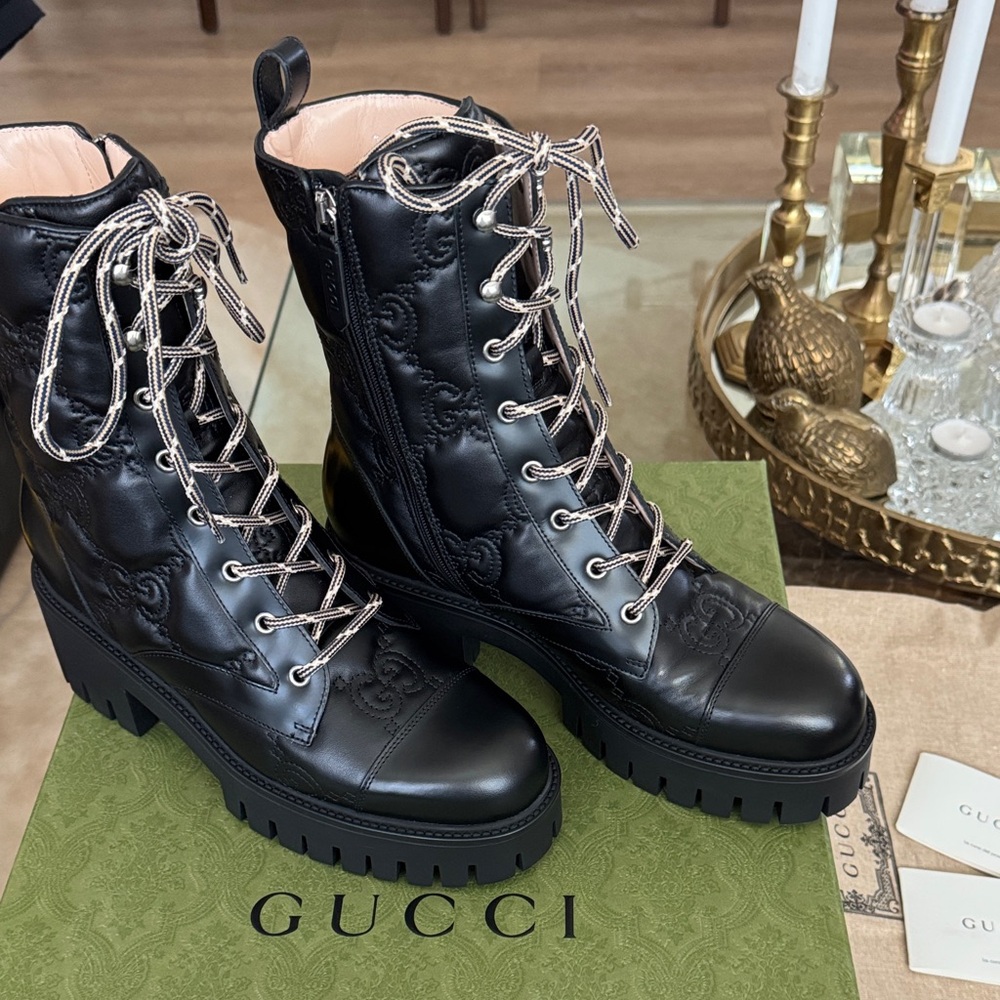 GUCCI Black Leather Lace-Up Boots EUR 40 US 10